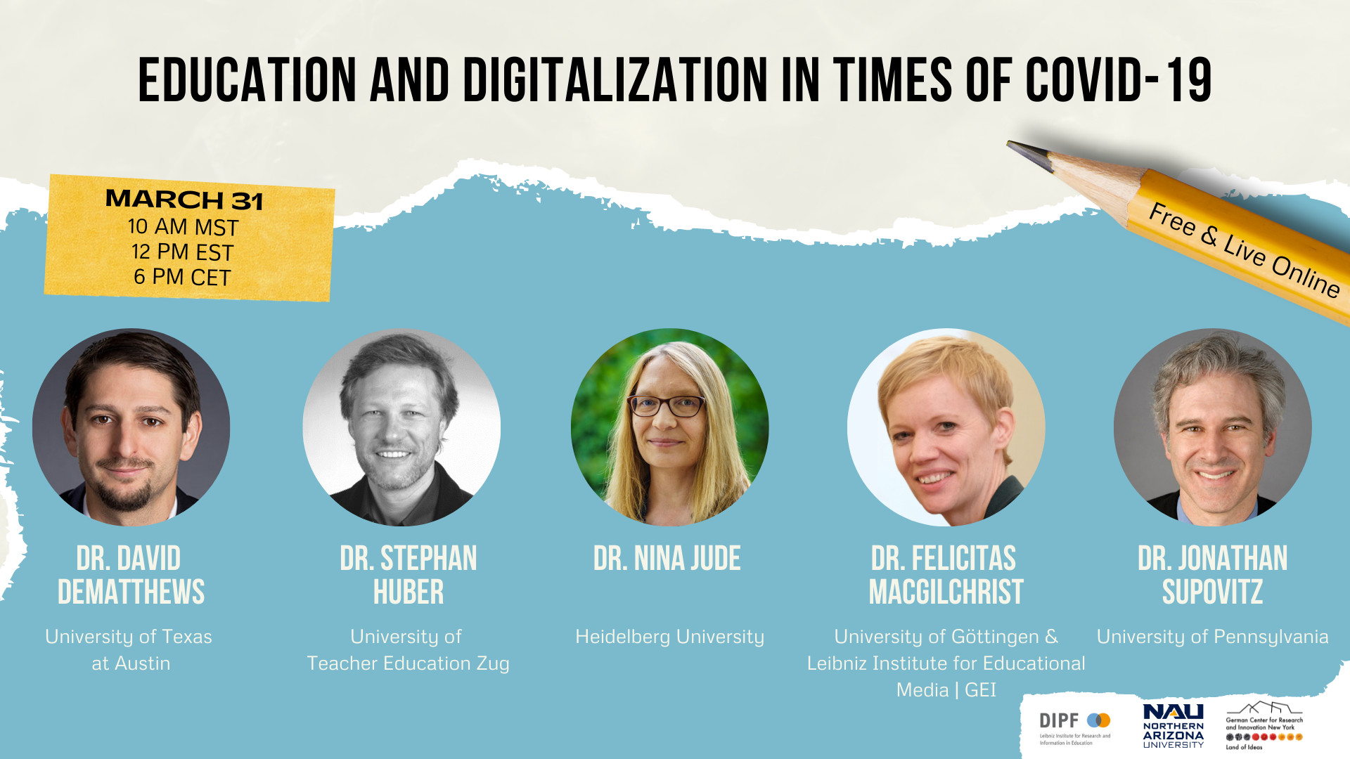 Fotos und Namen der Teilnehmenden des Panels: Dr. David DeMatthews, Dr. Stephan Huber, Dr. Nina Jude, Dr. Felicitas MacGilchrist, Dr. Jonathan Supovitz